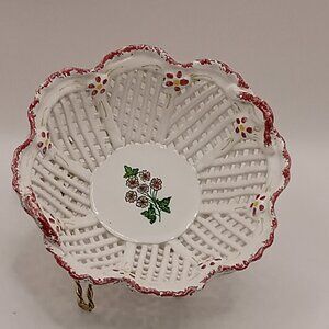 PORTUGAL Pottery Purple Floral Pink & White Ceramic BOWL Reticulated Lattice Vtg